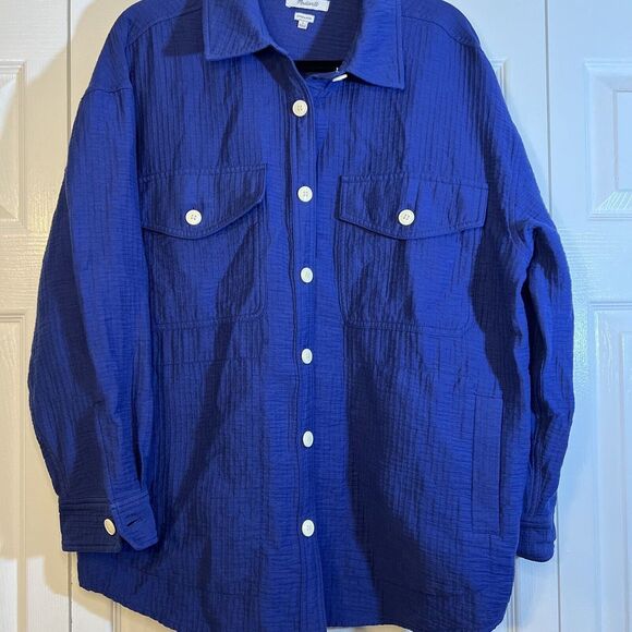 Madewell‎ Women's Large Oversized Button Up Blue Shirt Jacket Shacket Textured - Picture 1 of 10